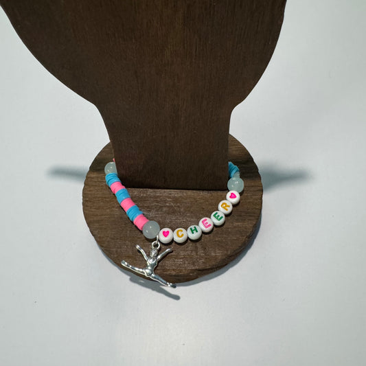 Pink and Blue Clay Bead Stretch Bracelet with Cheerleader Charm