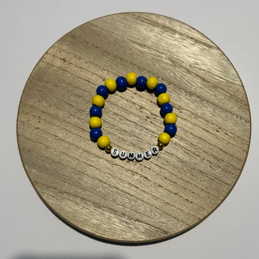 Yellow and Blue Wooden Bead Bracelet with the word Summer