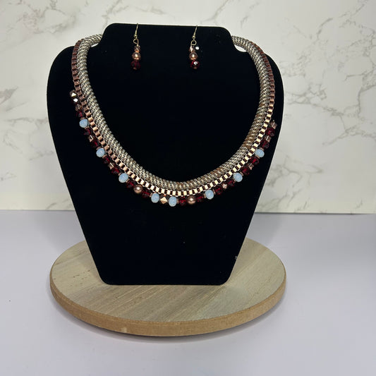 Red Glass Necklace Set With Metallic Cord