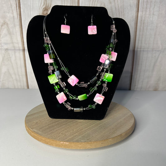 Pink and Green Layered Necklace & Earring Set