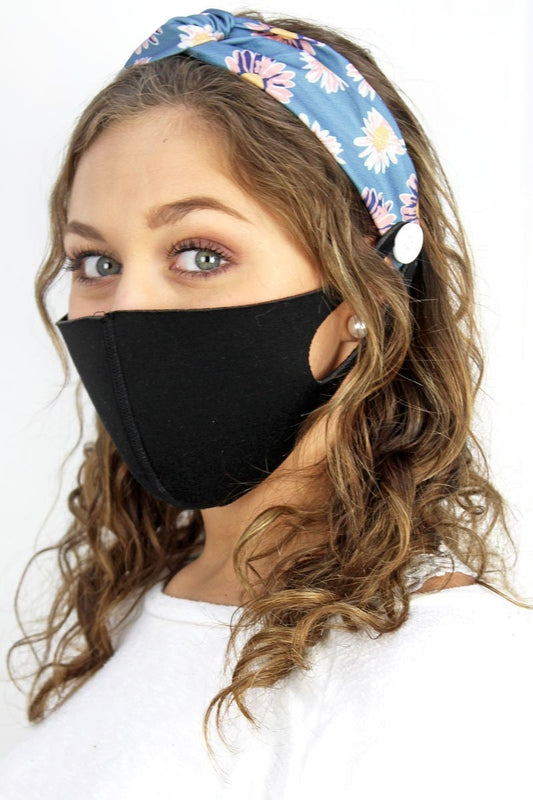 Buttoned headband face mask holder in blue floral