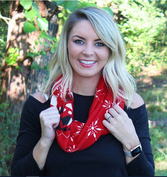 Infinity scarf with red, white, and black