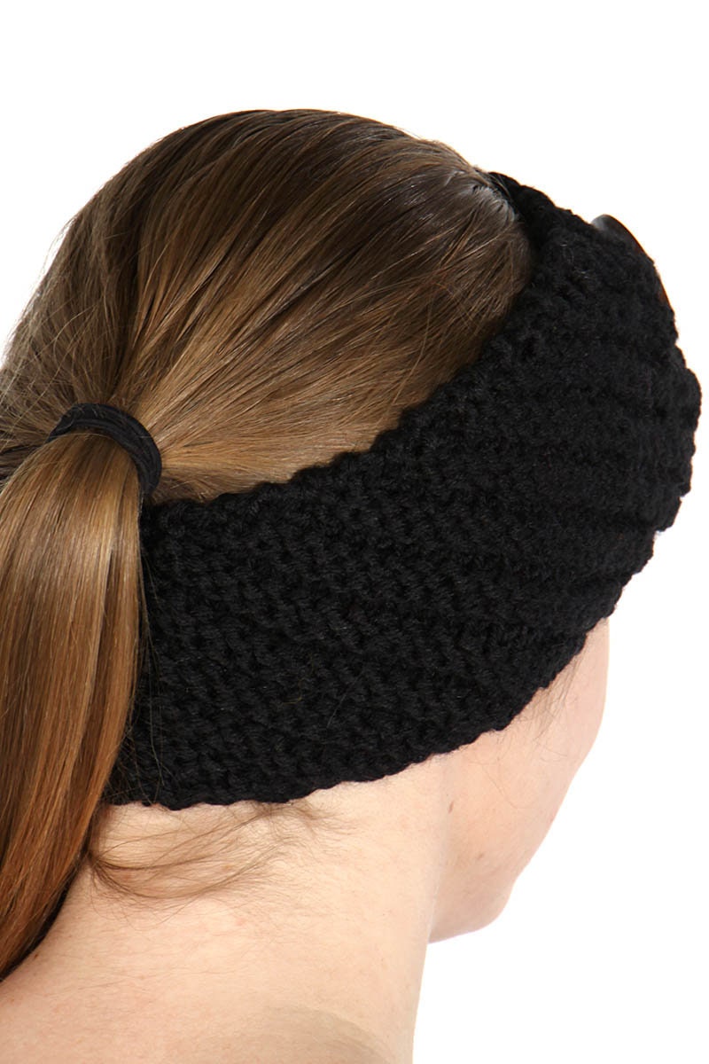 Black Knit Headband with a Big Button